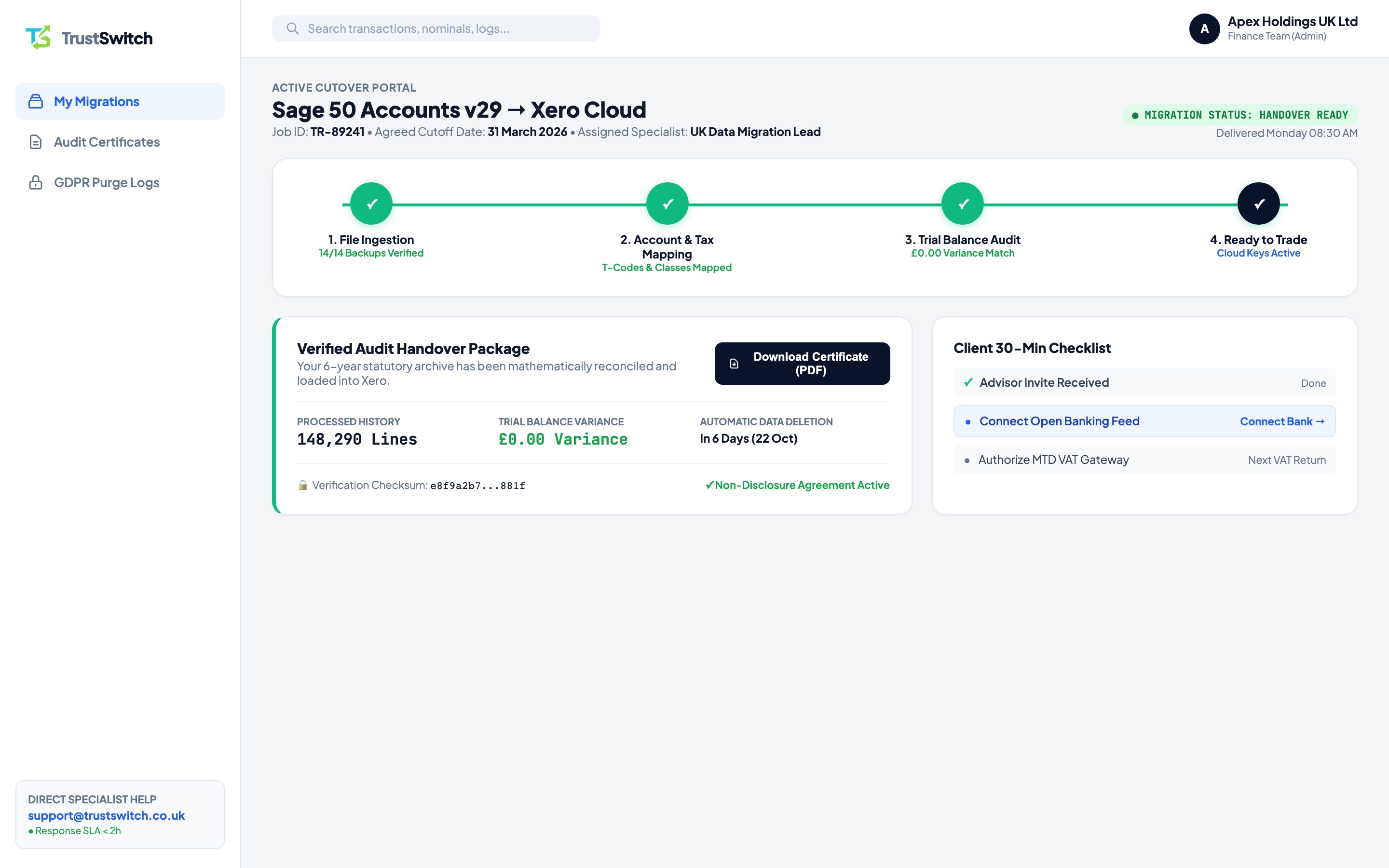 TrustSwitch Client Portal showing progress tracking and handover package